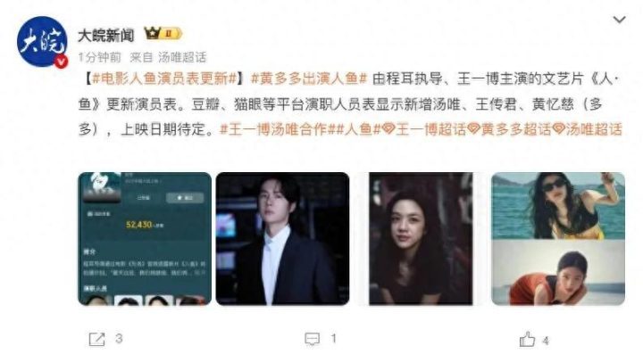 《人·鱼》新阵容：王一博领衔，黄磊女儿黄多多、汤唯加盟-1